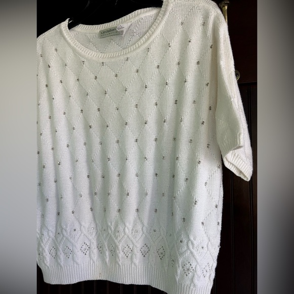 Y2K LIZ CLAIBORNE Rhinestone Cable Knit Short Sleeve Sweater Top Coquette | Sz L - Picture 9 of 13